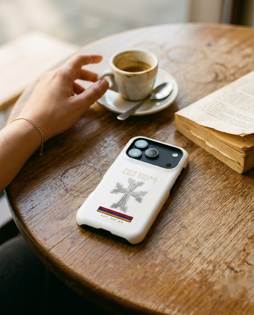 White NRAN Hay Mard phone case on a café table