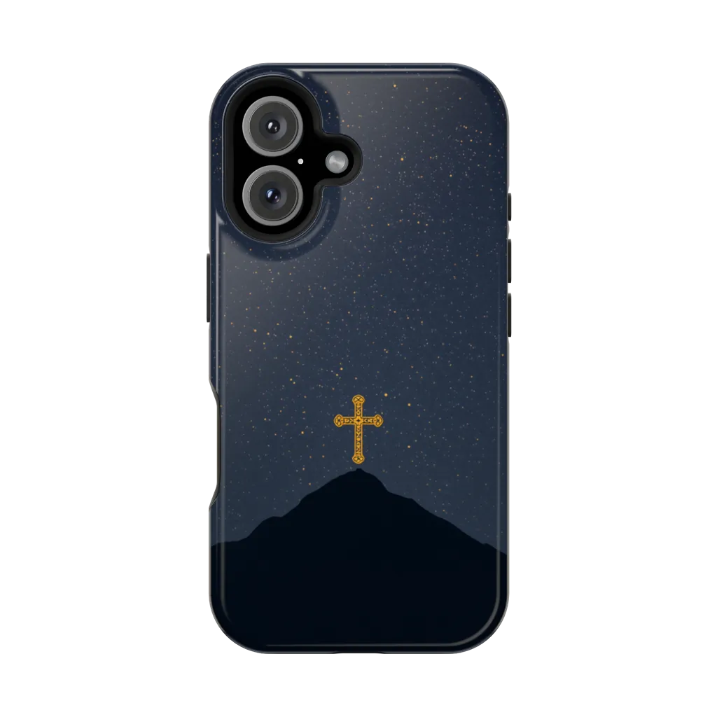 NRAN Ararat Dawn phone case — gold Armenian cross above a mountain under a starry night sky