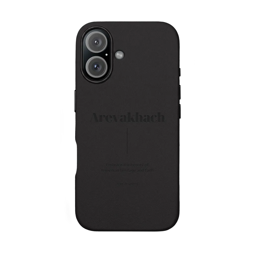 NRAN Arevakhach phone case — tonal black-on-black Arevakhach typography on leather