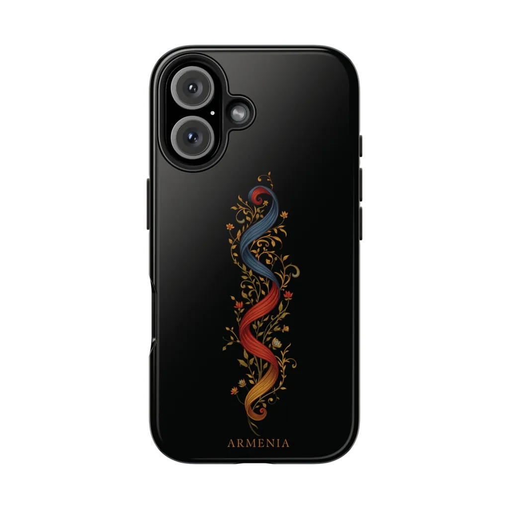 NRAN Flag Fade phone case — red, blue and orange ribbons woven with gold botanicals on black