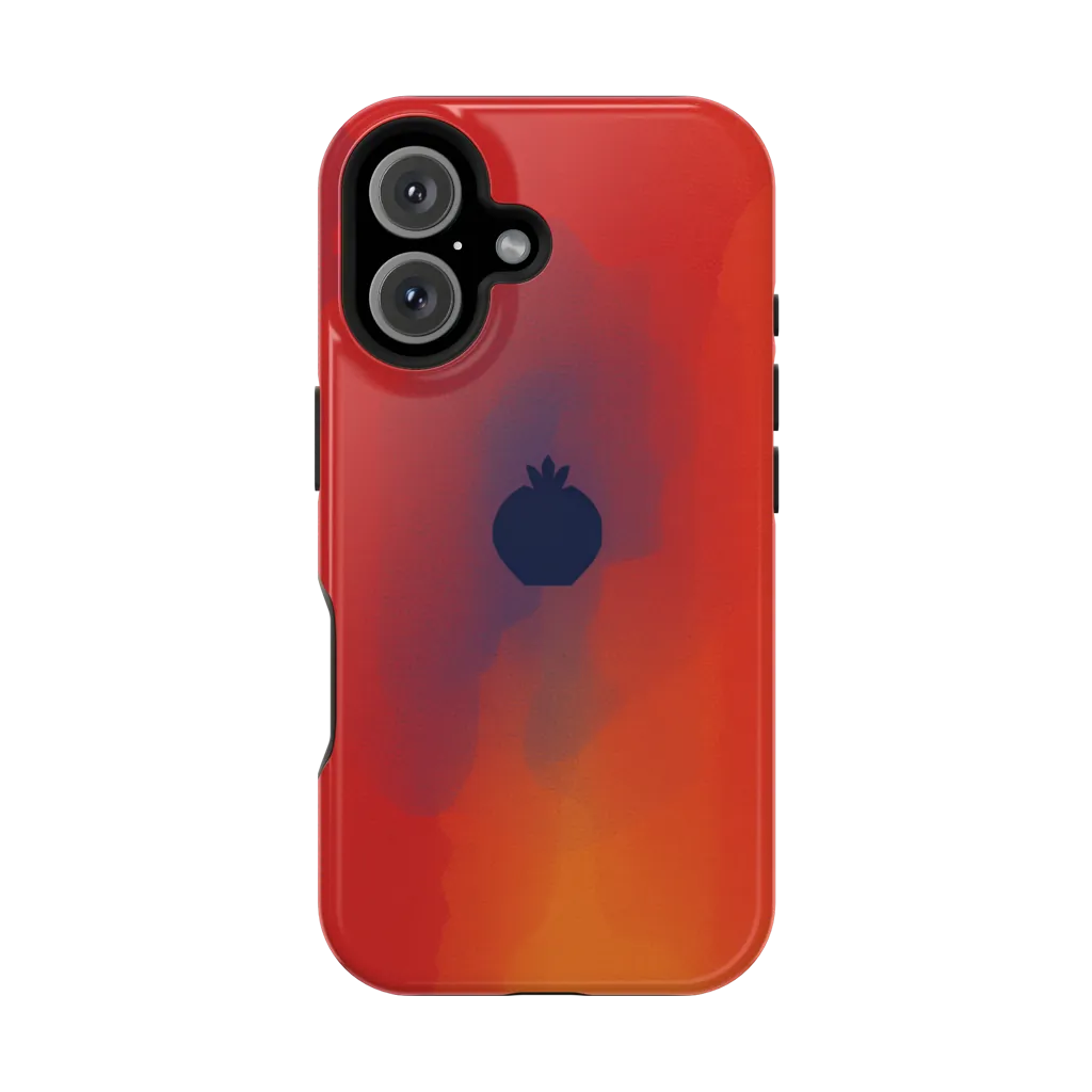 NRAN Nran Heart phone case — dark pomegranate silhouette over a red and amber sunset gradient