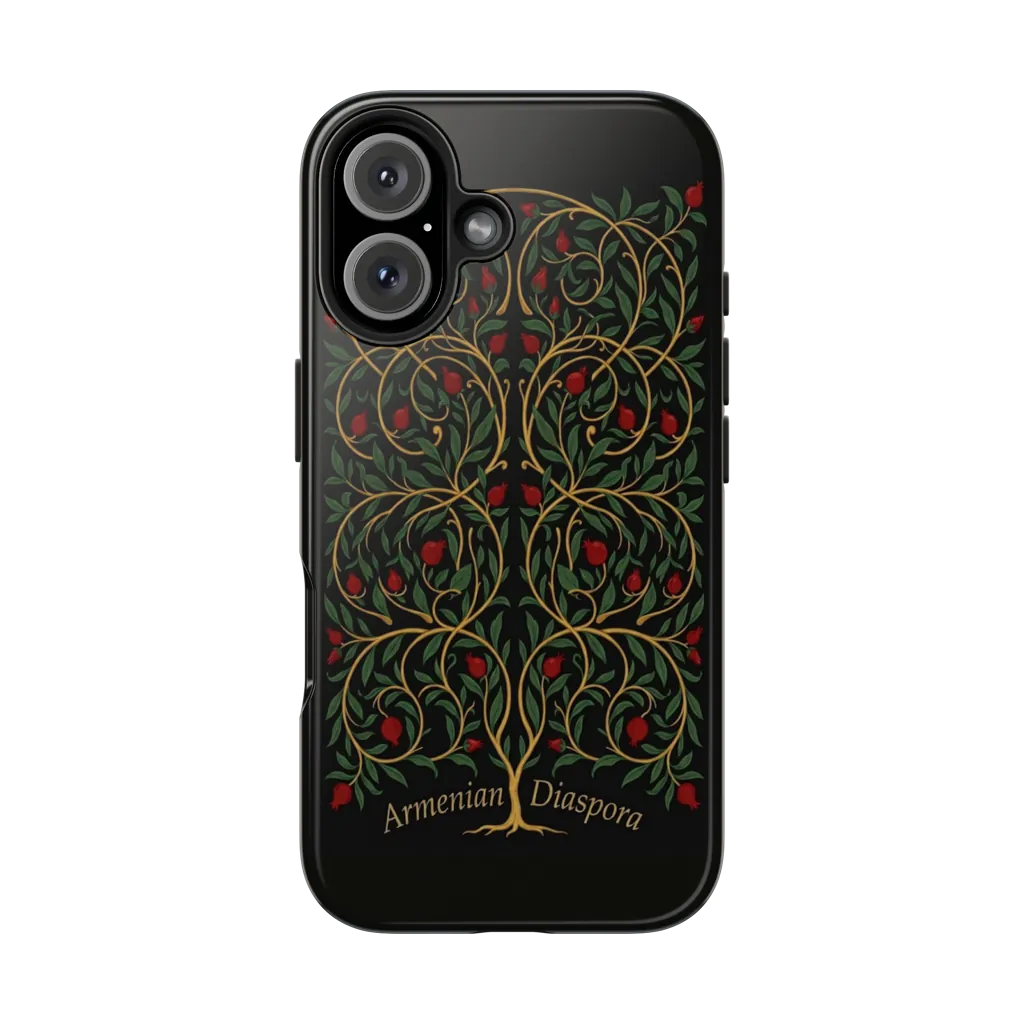 NRAN Sacred Garden phone case — pomegranate tree of life in gold, green and red on black